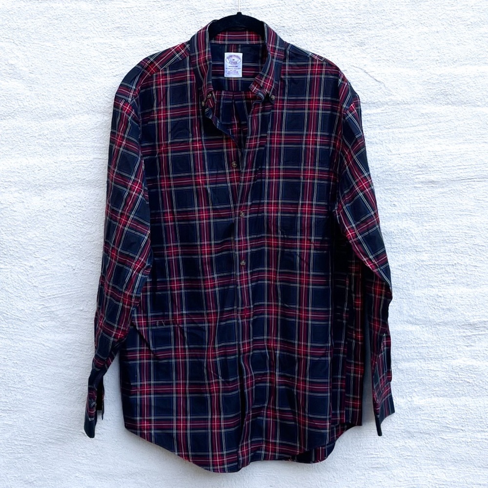 brooks brothers classic plaid madison button down shirt  🌲